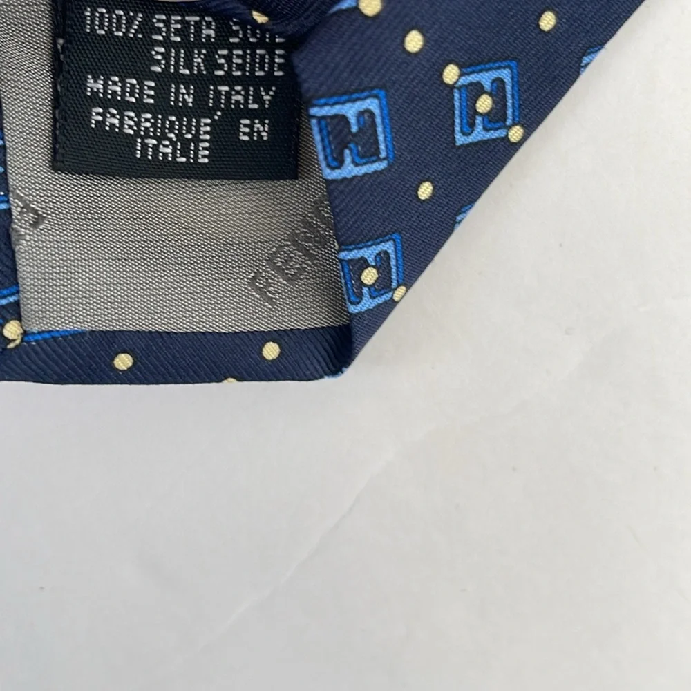 Fendi Cravatte Silk Tie Navy Blue with Light Blue Fendi Logo Yellow Dots